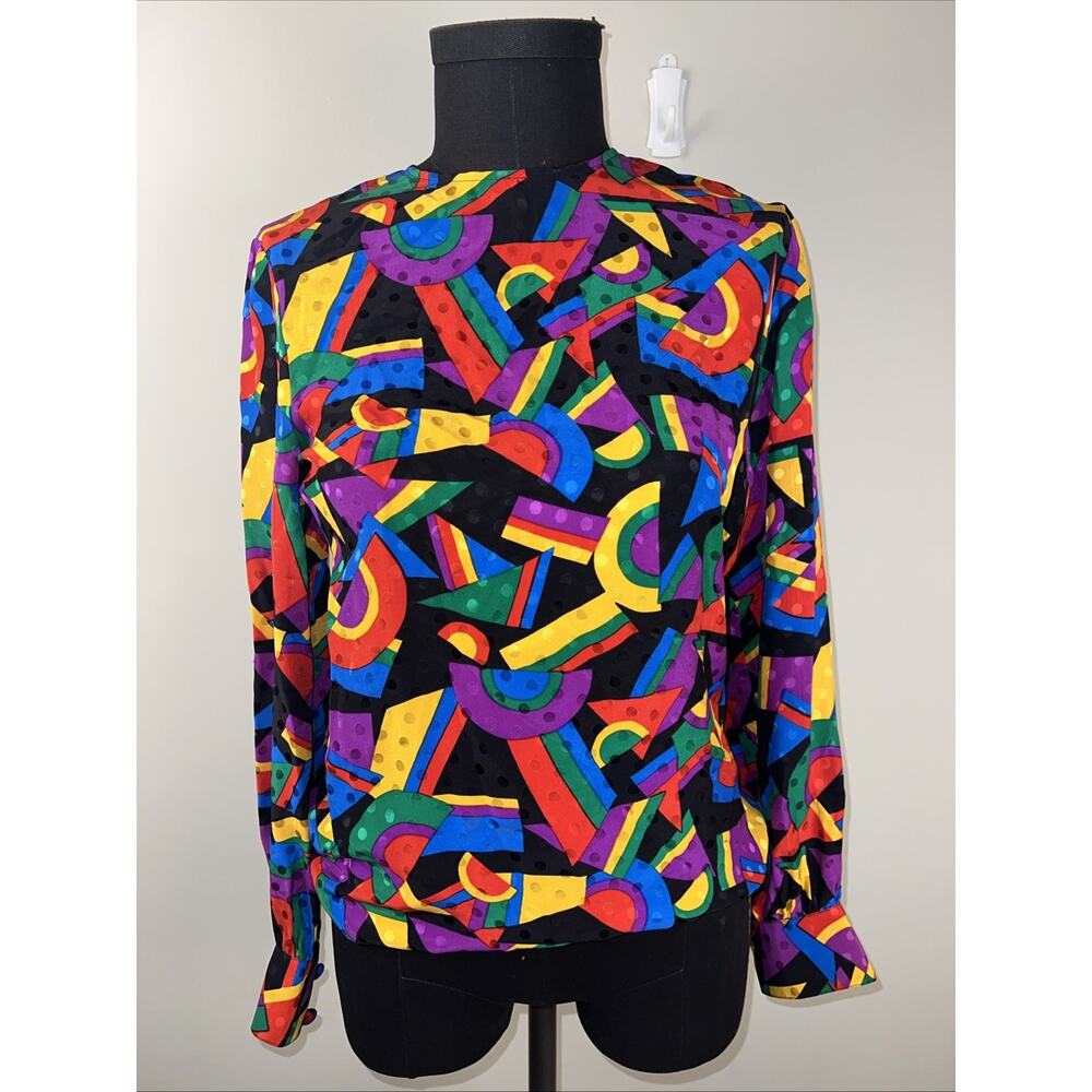Adrianna Papell 100% Silk Blouse 80's Colorful Size 4 Long Sleeve